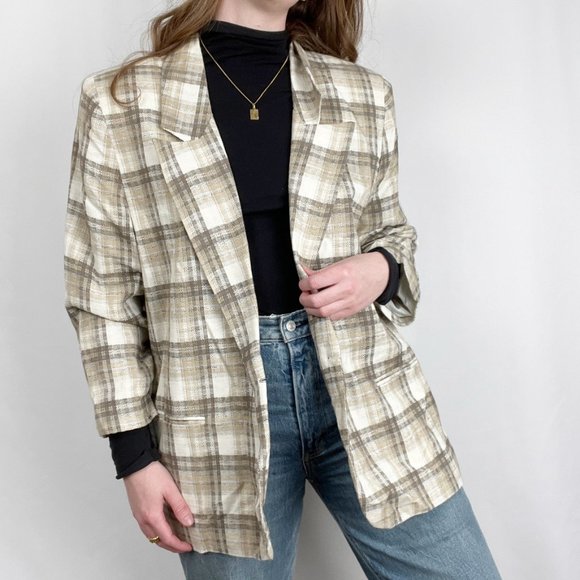 Vintage Parisian Plaid Oversized Preppy Linen Blazer Long Jacket Pea Coat Preppy - Picture 3 of 7
